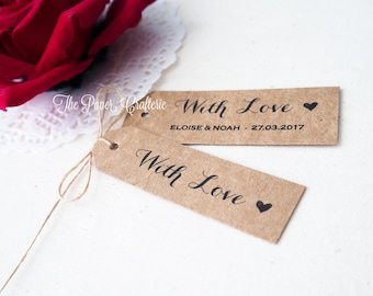 With Love Gift Tags Personalised for Wedding Favours Kraft Brown Custom Names Date