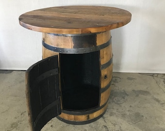 Whiskey Barrel Table with Barnwood Top with Door