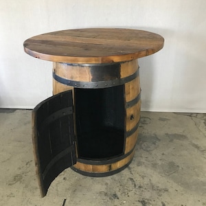 Whiskey Barrel Table with Barnwood Top with Door