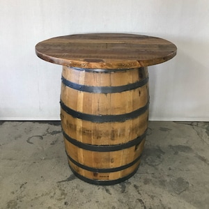 Whiskey Barrel Table with Barnwood Top