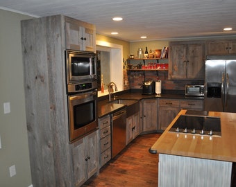 Reclaimed Wood Kitchen Cabinets in Weathered Gray