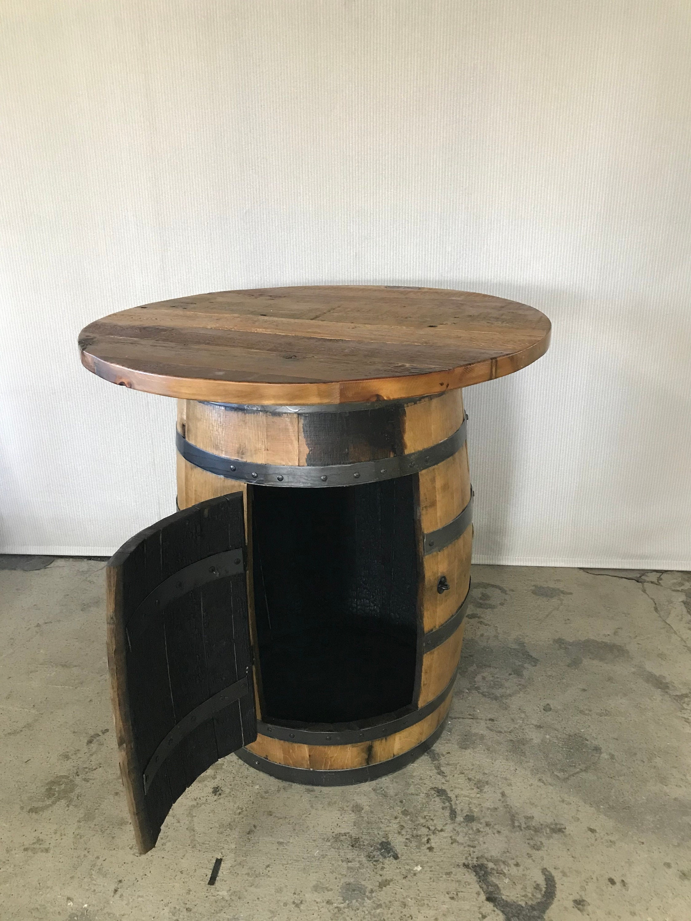 Whiskey Barrel Table With Barnwood Top With Door Etsy