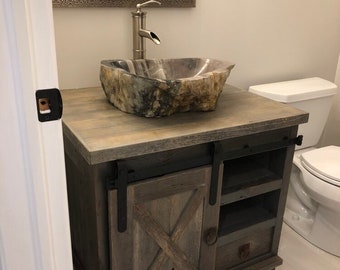 Weathered Gray, Authentic Barn Wood Vanity with Sliding Crossbuck Door