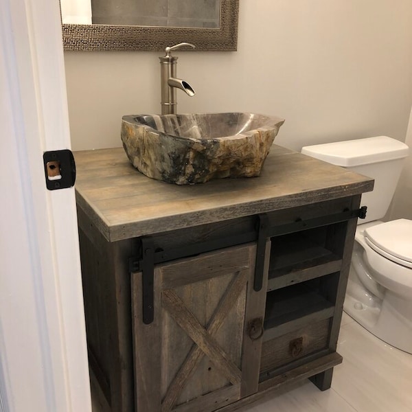 Weathered Gray, Authentic Barn Wood Vanity with Sliding Crossbuck Door