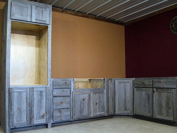 Reclaimed Wood Kitchen Cabinets In Weathered Gray Etsy