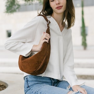 Peny Bag in Brown Suede Leather Shoulder Leather Banana Bag 