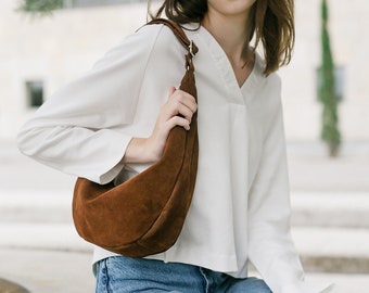 Peny Bag in Brown Suede Leather Shoulder Leather Banana Bag 