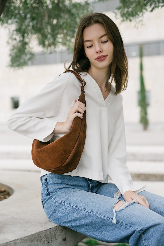 Peny Bag in Brown Suede Leather Shoulder Leather Banana Bag 