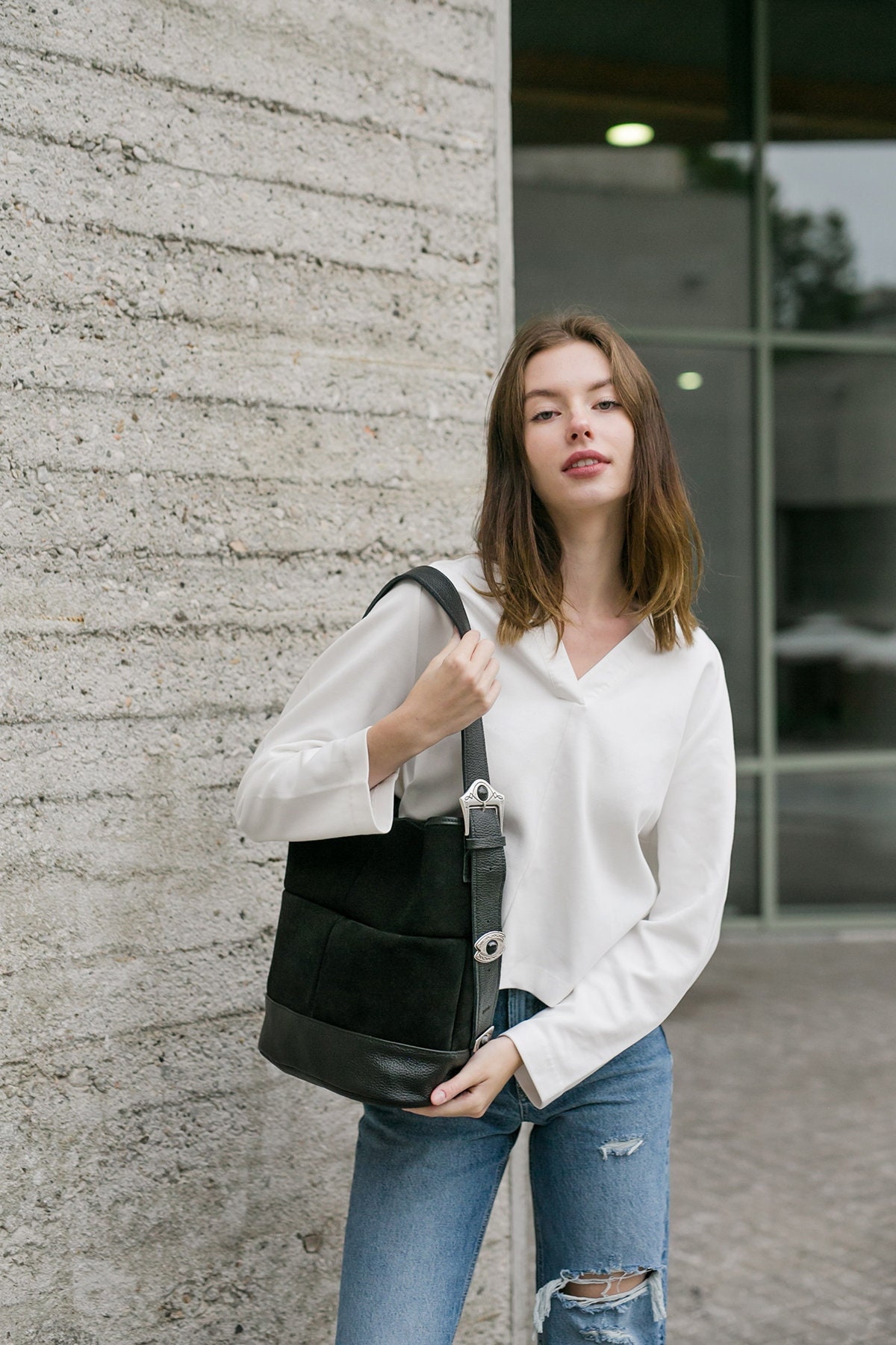 Reed Medium Two-Tone Pebbled Leather Bucket Bag