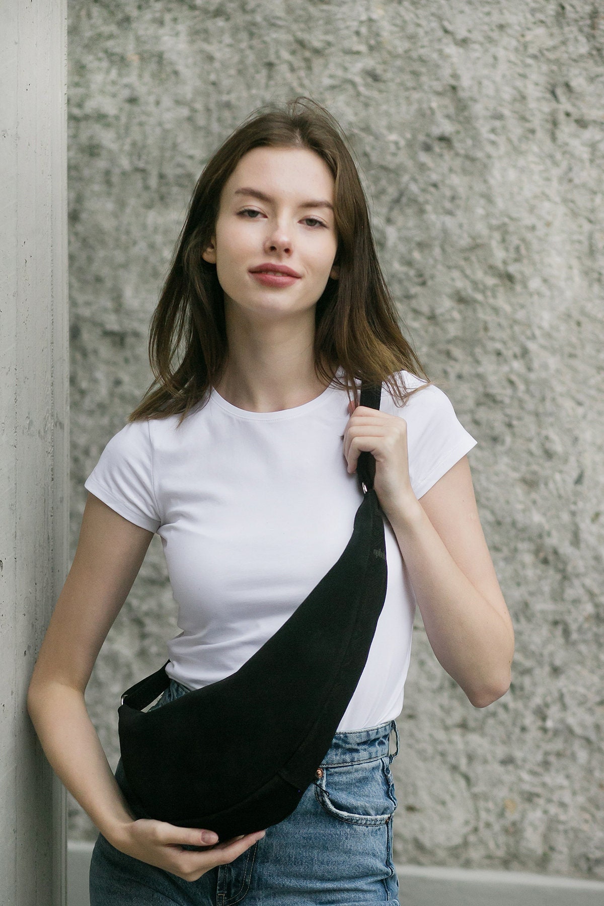 Leather Banana Bag in Black Suede, Sling Bag for Women