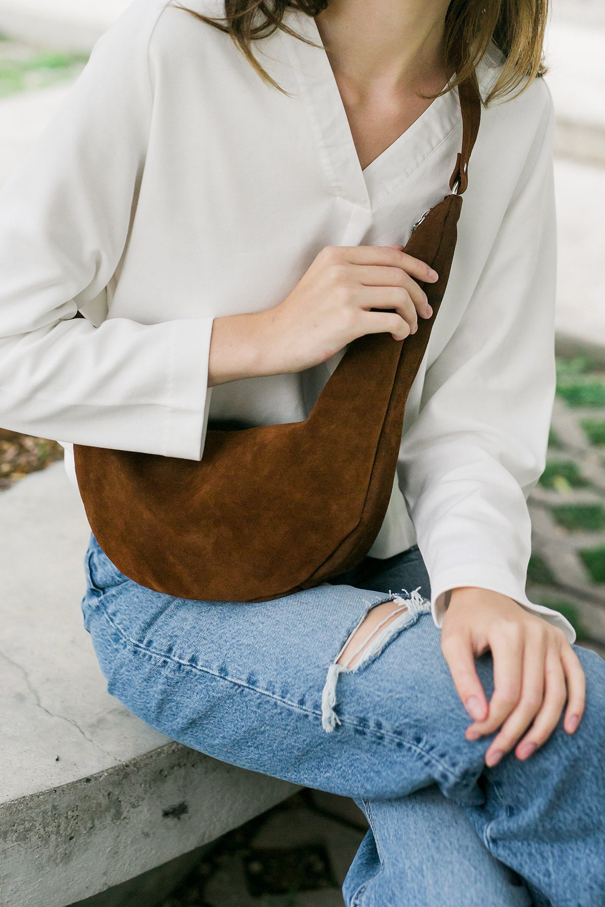 Peny Bag in Brown Suede Leather Shoulder Leather Banana Bag 