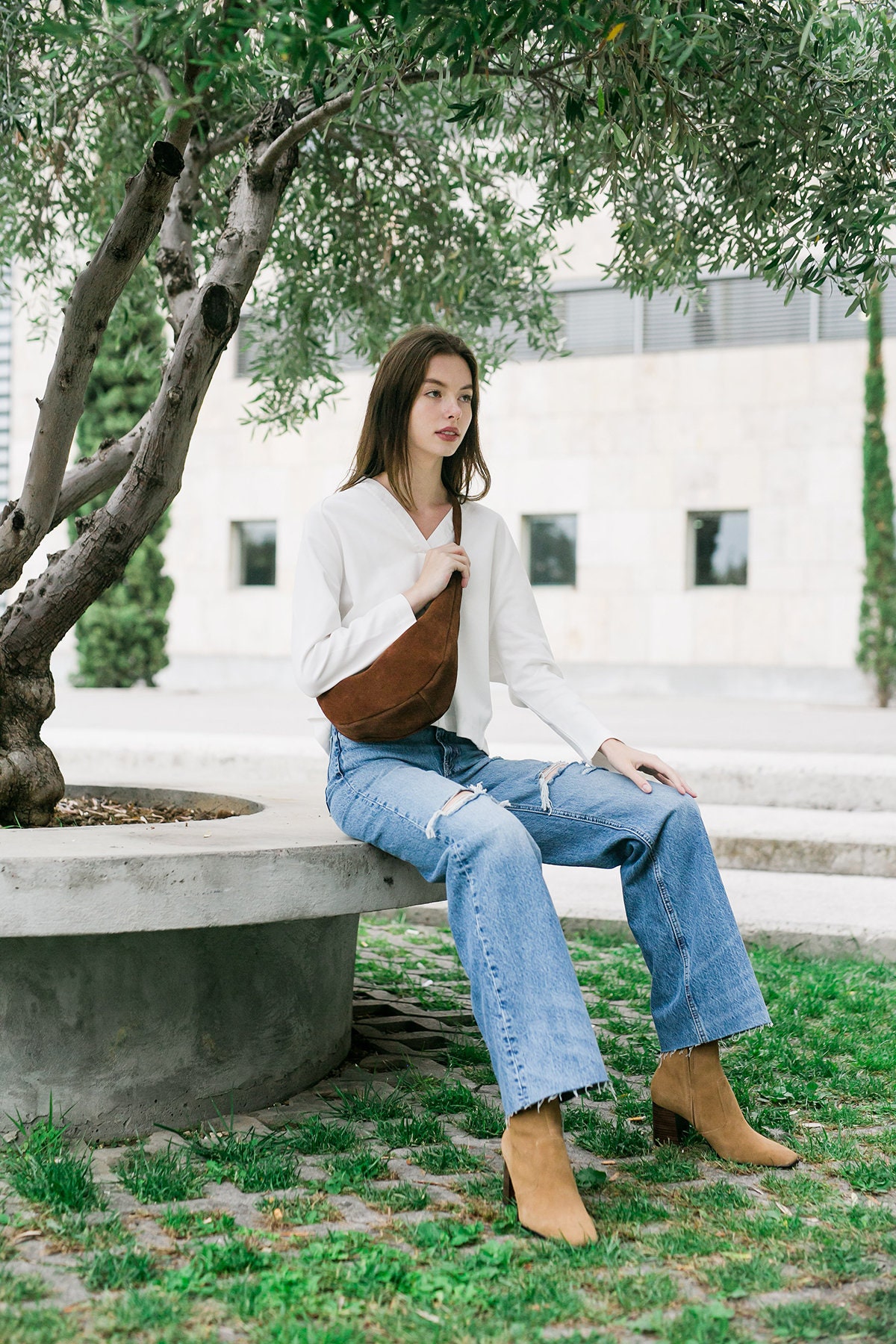 Peny Bag in Brown Suede Leather Shoulder Leather Banana Bag 