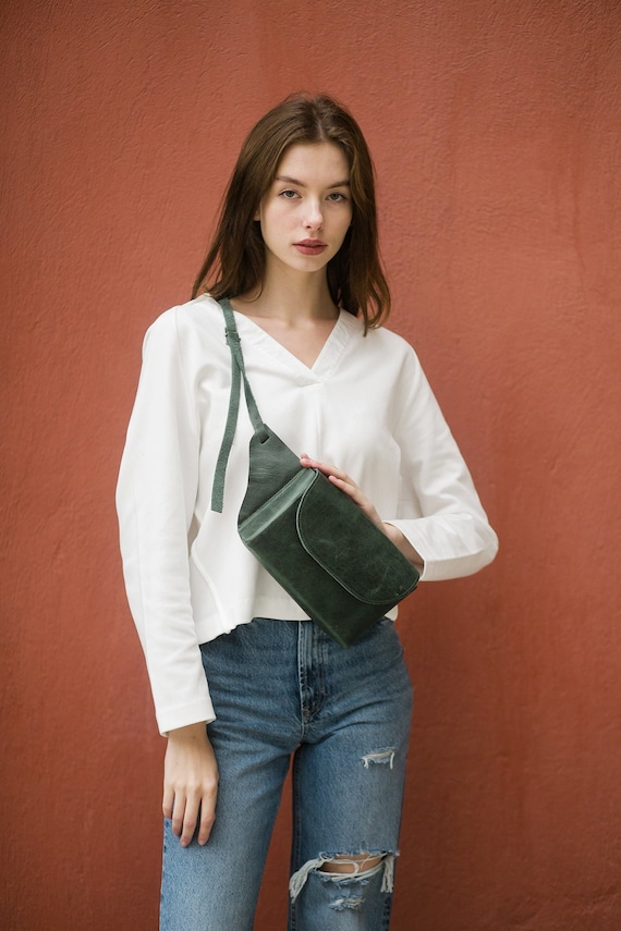 Green Leather Fanny Pack Unisex Leather Sling Bag Leather Belt Bag