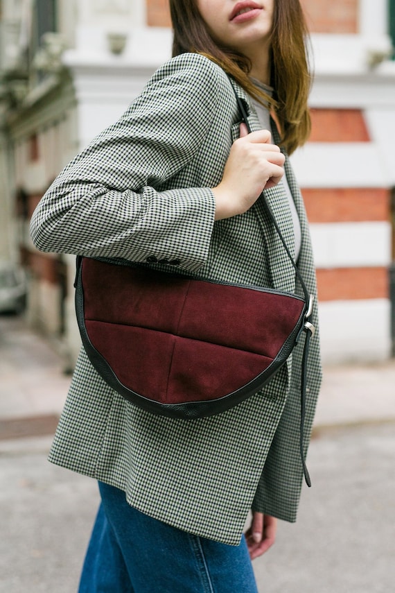 Bandolera de cuero en ante rojo vino bolso de hombro de cuero
