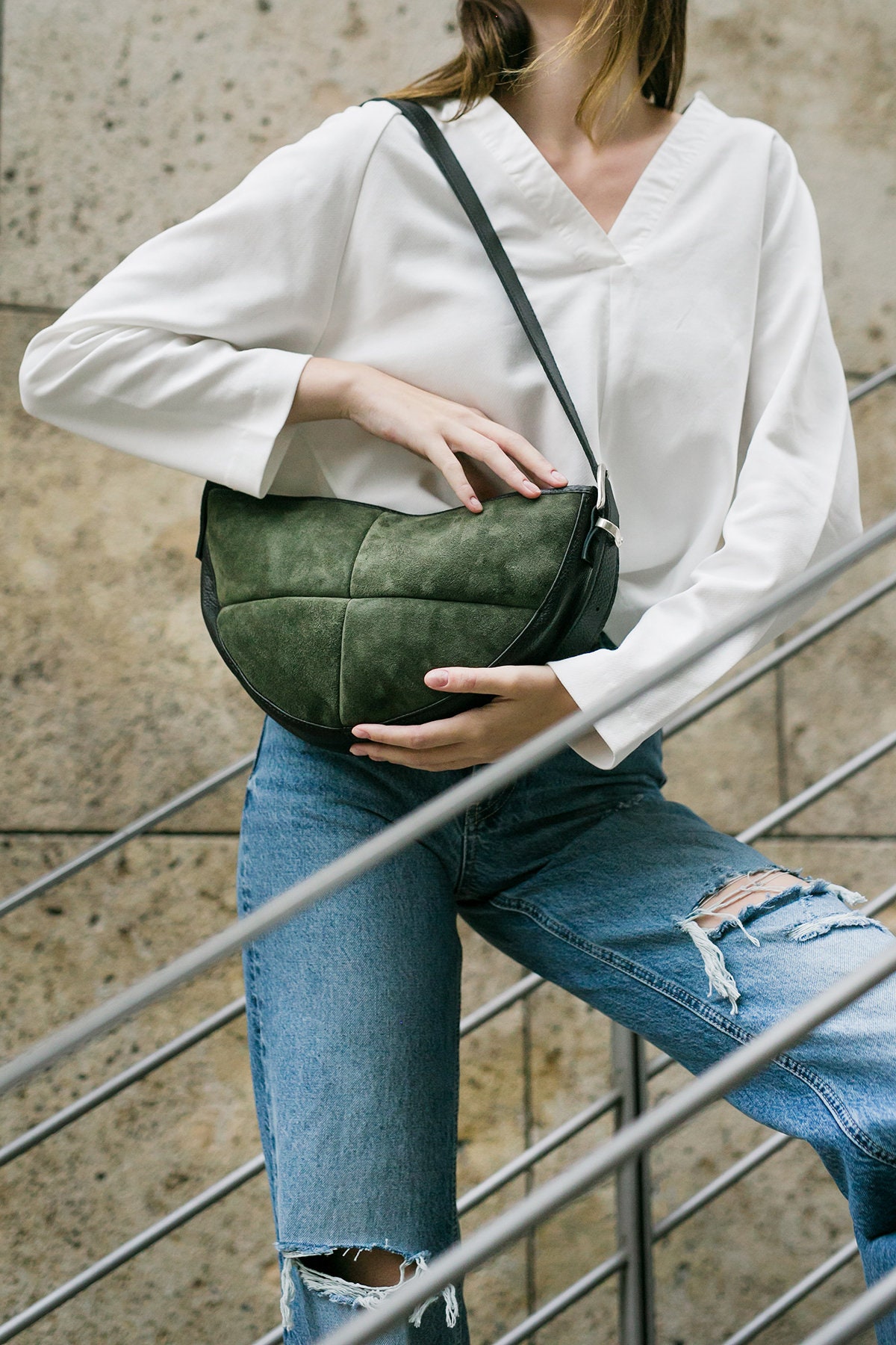 Suede Crossbody Green Leather, Shoulder Leather Bag, Sling
