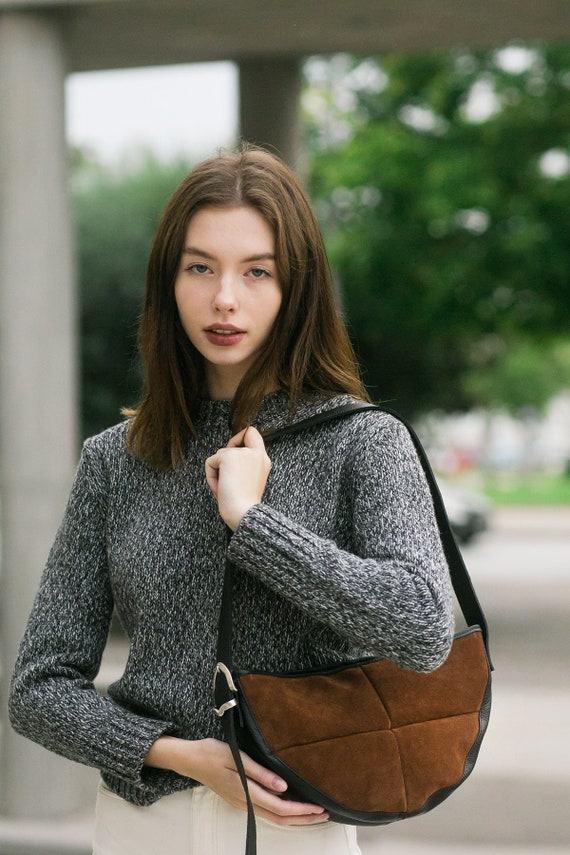 Suede Shoulder Bag in Brown Leather Crossbody Leather Bag 