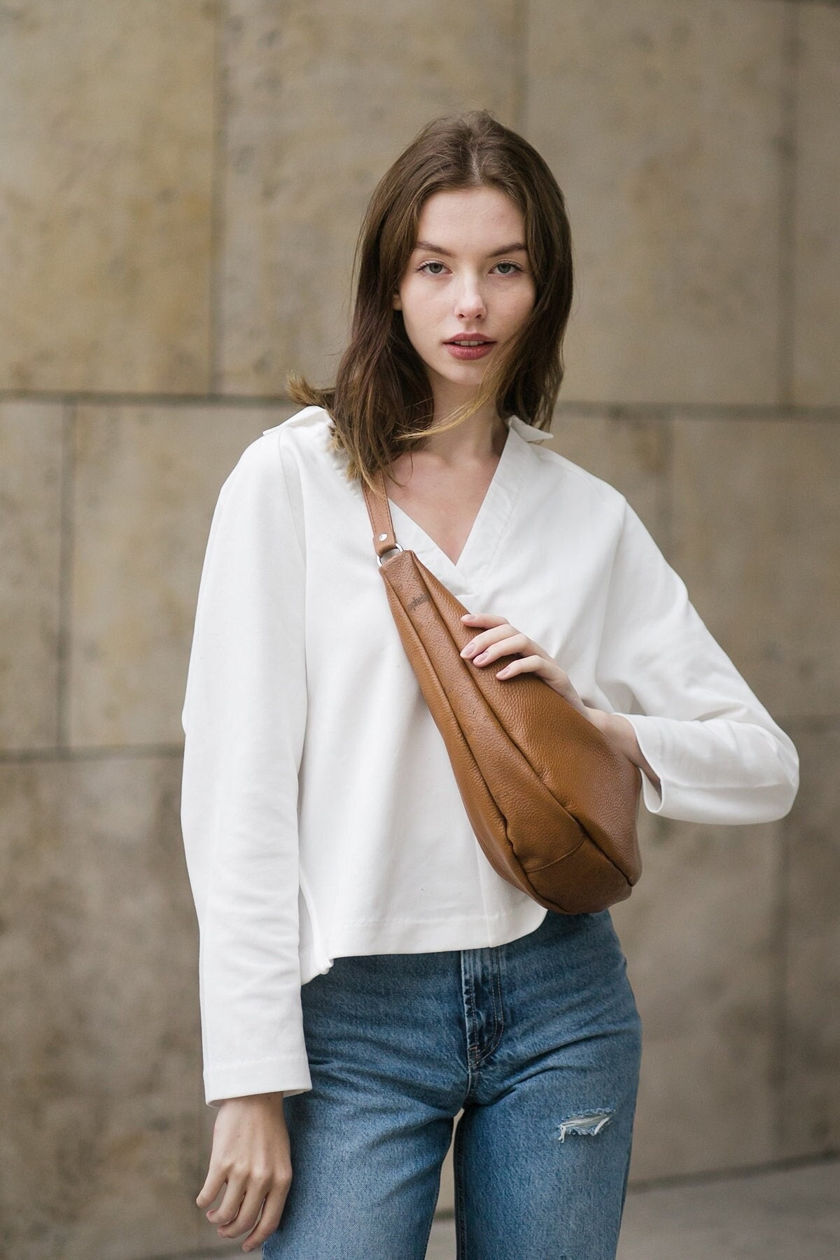 Leather Sling Bag Brown Bum Bag Shoulder Leather Banana Bag