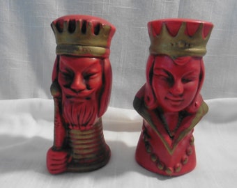 Vintage Ceramic Red and Gold Colored King and Queen Salt and Pepper Shaker's Chess Novelty