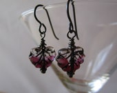 Purple Window Glass Leaf Earrings Hypoallergenic French Hooks and Table Cut Window Glass Beads Simple Crystal Glass Leaf Beads