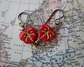 Pretty Red Glass Leaf Earrings Unique Czech Table Cut Beads Hypoallergenic Niobium French Hooks and Beautiful Vibrant Picasso Glass Beads