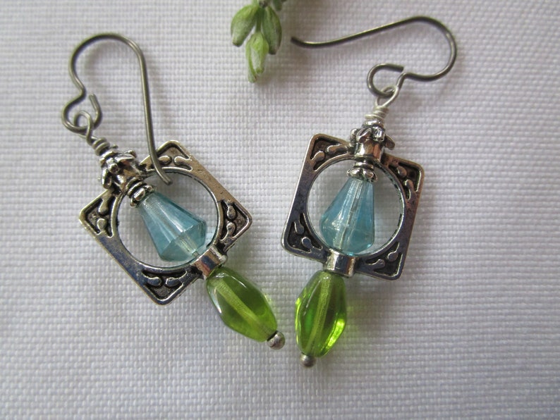 Blue Green and Silver Tibetan Frame Earrings; Pretty Unique Ethnic or Bohemian Czech Glass Earrings with Hypoallergenic Hooks