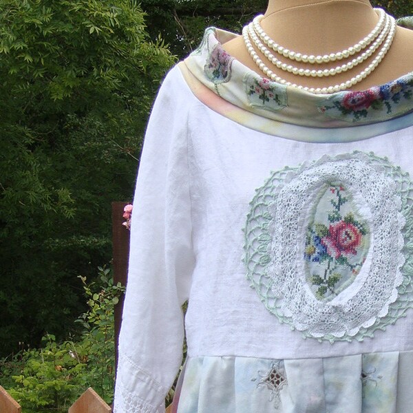 Sherbet Stunning Vintage Linen Cotton Crochet Pastel Wide Cowl Roll Neck Smock Dress Tunic White Green Shades