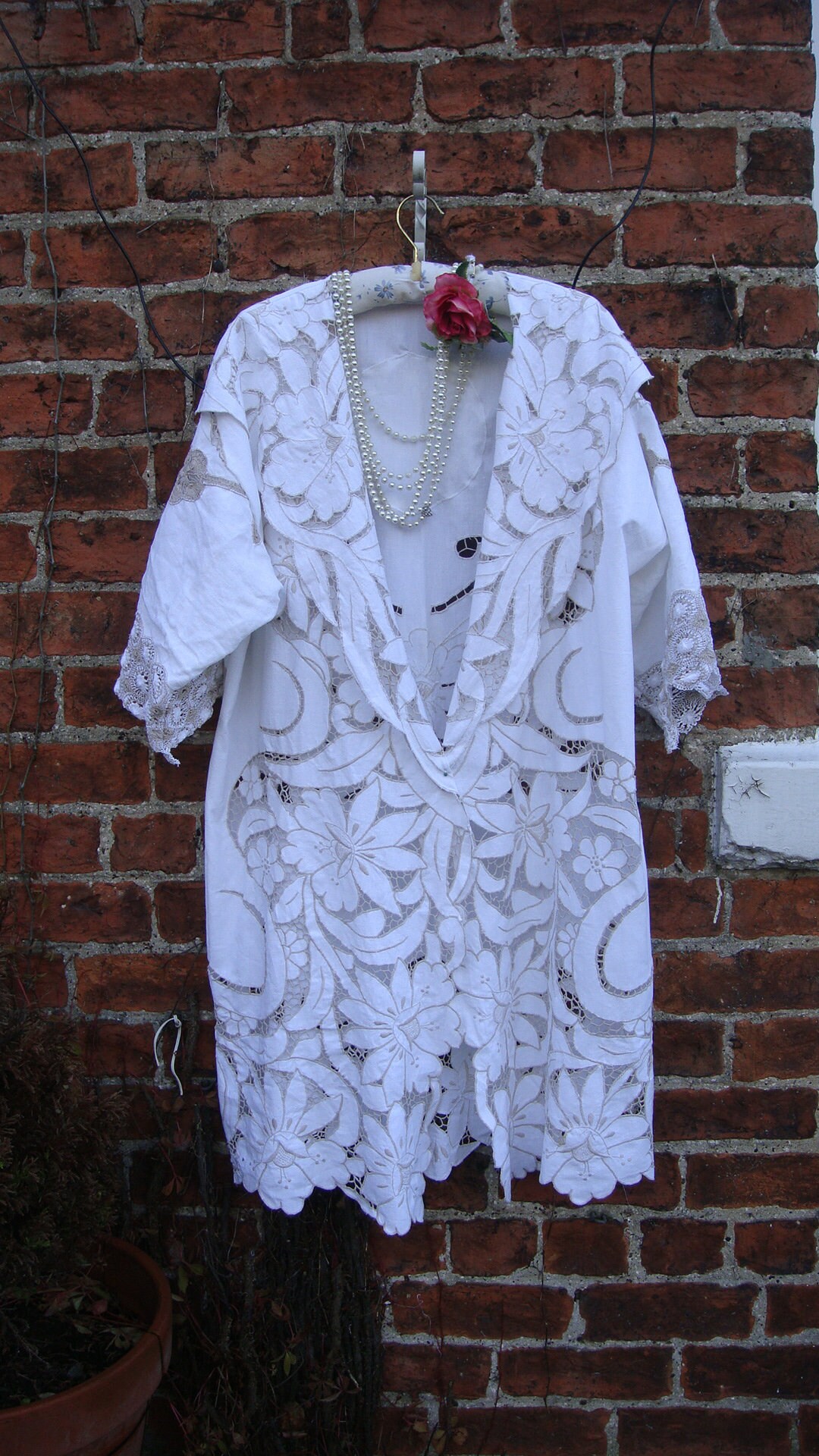 Image of Beautiful Bridal Wedding Boho White Cotton Linen Cut Work Long Duster Coat Size L Xl