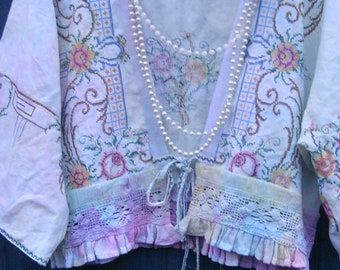 PASTEL DYED LINEN JACkET X Reworked Vintage Tablecloth Embroidered Cross Stitch Short Frilled Lace Kimono Boho Gypsy Size L
