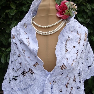 PASTEL PERIWINKLE BLUE X Cut Work Vintage Reworked Mats Scarf Hand Dyed Lace Wrap Long Shawl Battenburg Lace Free Size