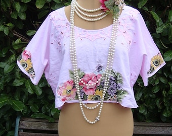 PINK FLORAL COTTON LAYERiNG X Top Boxy Hand Dyed Cutwork Reworked Vintage Tablecloth Size L Xl