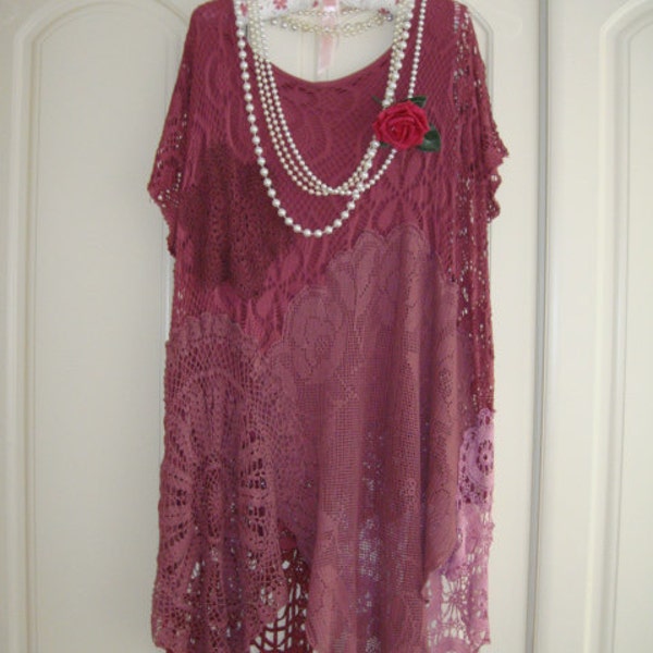 Un beau millésime Bourgogne vin rose au Crochet dentelle Lagenlook Plus taille mariage tunique Mori fille robe XXXL 2 X 3 X