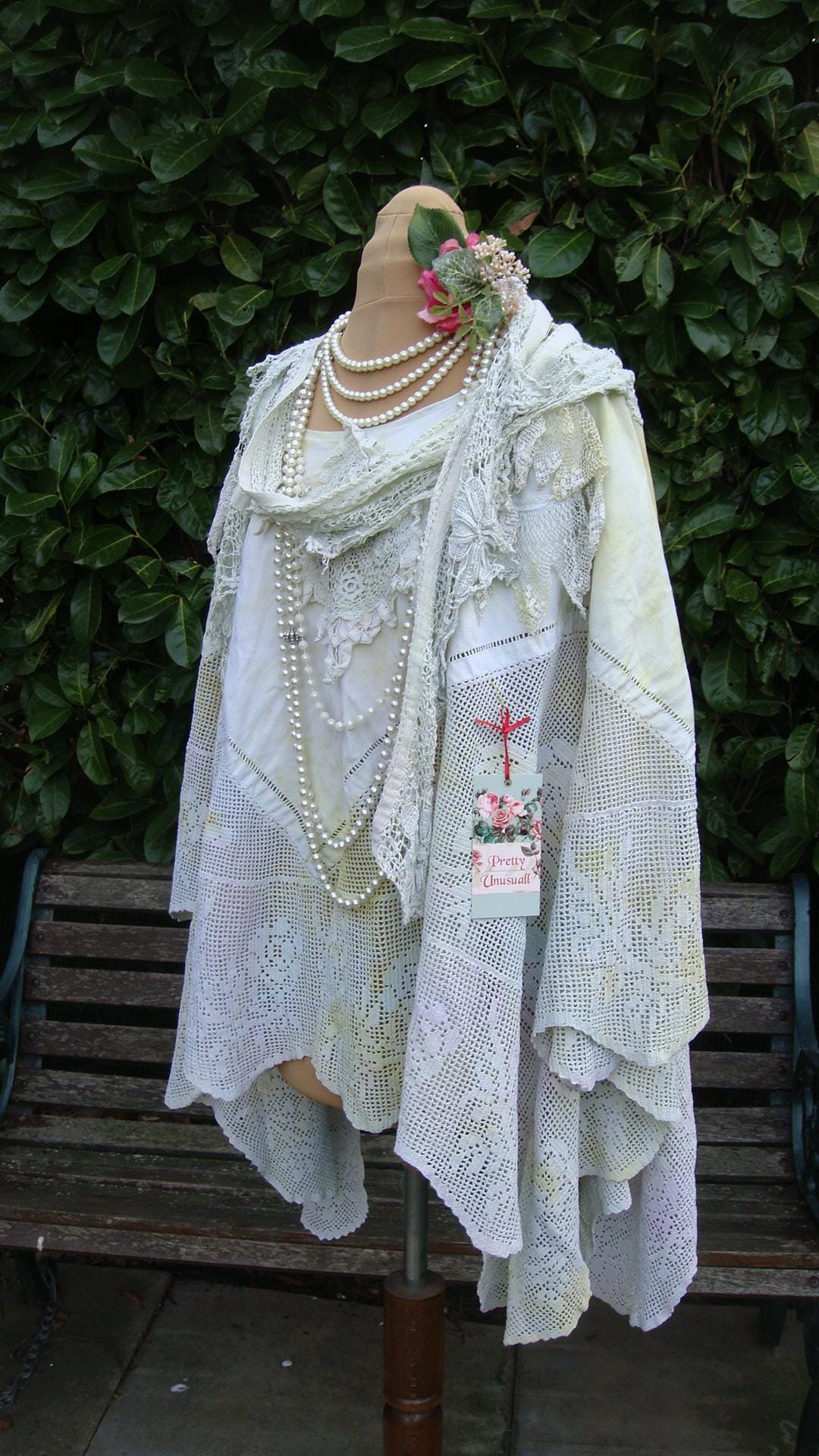 Linen Cotton Lace Poncho: Reworked Vintage Tablecloth Cape, Boho Pastel Scarf