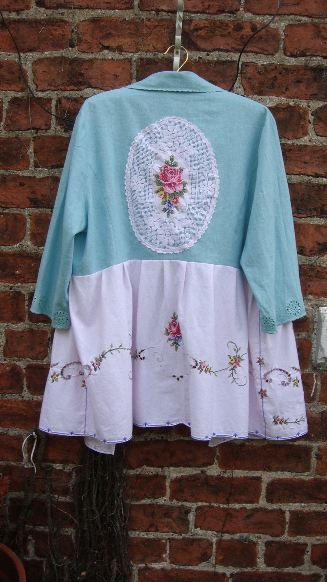 Image of Beautiful Aqua Green Pale Pink Shabby Chic Embroidered Roses Recycled Linen Cotton Short Coat Jacket