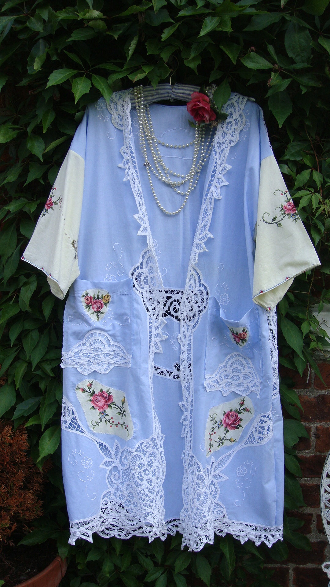 Image of Beautiful Sky Blue Vintage Cotton Battenburg Lace Emboidered Roses Loose Fitting Duster Kimono Coat Size L