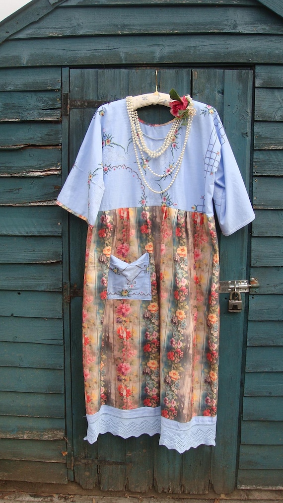 Embroidered Blue Dress: Reworked Vintage Tablecloth Dress, Floral Wood Print, Size L/XL - Etsy Israel Embroidered Blue Dress: Reworked Vintage Tablecloth Dress, Floral Wood Print, Size L/XL - Etsy Israel