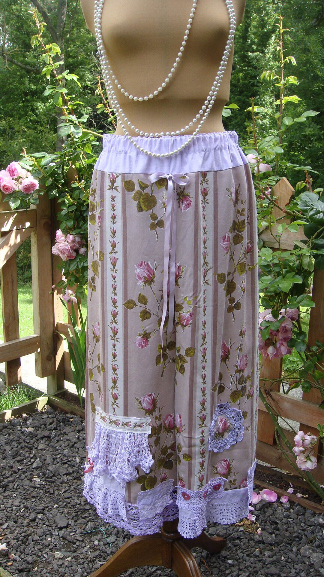 Image of Ultimate Shabby Chic Boho Wide Legged Cotton Roses Stripe Trousers Culottes With Lilac Vintage Laces Size L