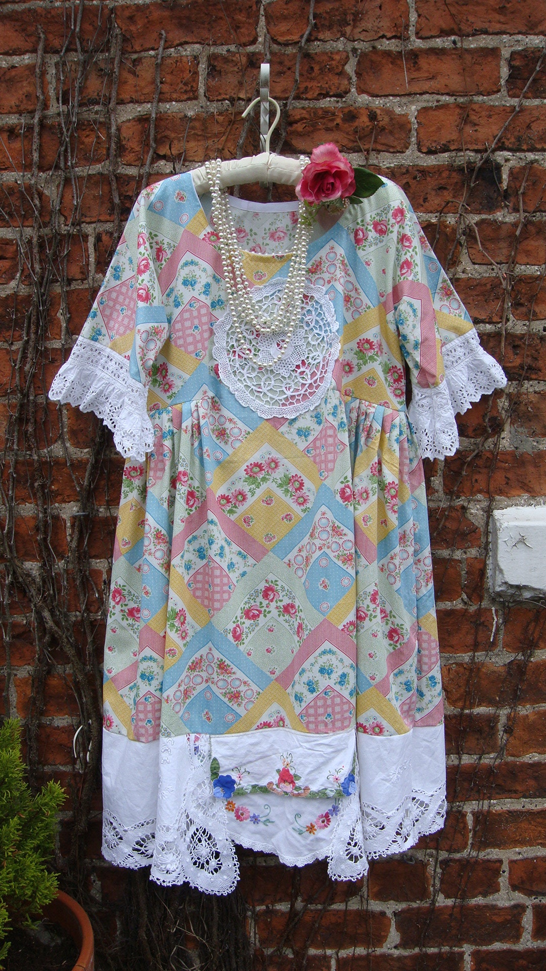 Image of A Most Stunning Rustic Prairie Smock Dress Vintage Cotton Patchwork Handkerchief White Lace Empire Waist Size M L