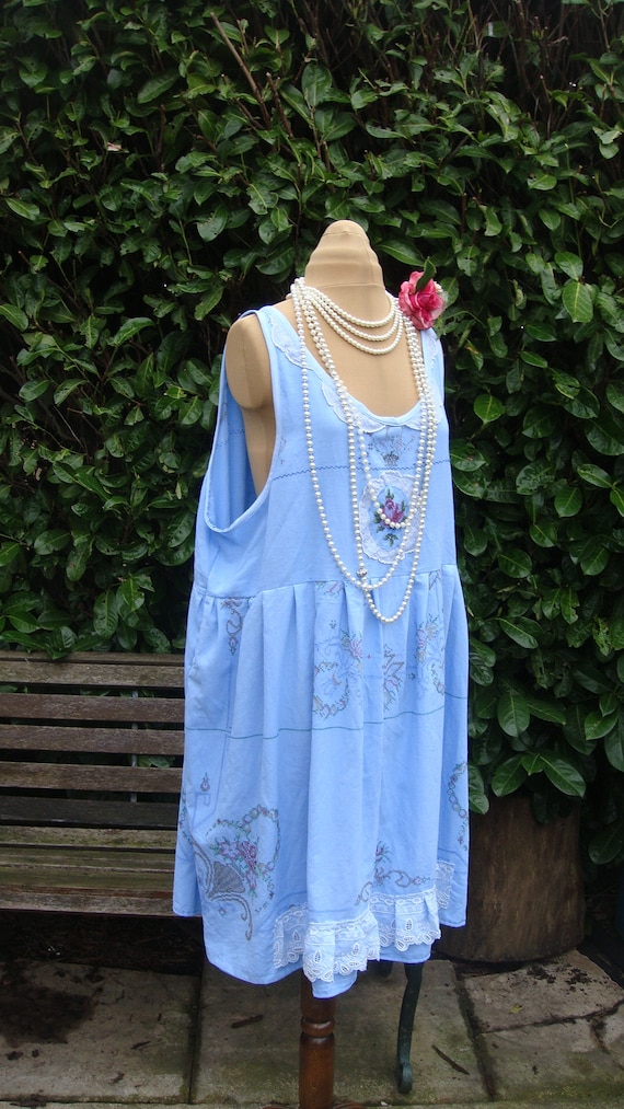 Sky Blue Cotton Pinafore Dress: Embroidered Vintage Tablecloth, Ruffle Lace Size L/Xl