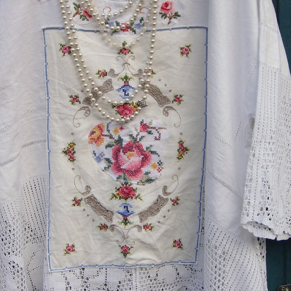 WHITE LINEN LAGENLOOK X Embroidered Cross Stitch Deep Lace Tunic Vintage Reworked Repurposed Tablecloth Hi Lo Hem Size Xl
