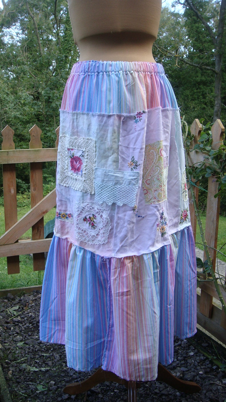 Beautiful OOAK Boho Gypsy Cotton Patchwork Maxi Skirt Pastel Rainbow Striped Ruffle Hem Frayed Seams SIZE L XL