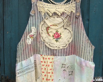 MULTI DYED ROSES APRoN X Dress Linen Patchwork Floral Embroidered Throw On Dress Lace Ruffles Size Xl Xxl