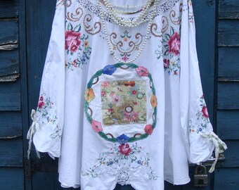 BAUMWOLLE BESTICKTE ROSEN Gehäkelt X Nachgearbeitete Vintage Tischdecke Tunika Trapez Swing Top Boho Größe M L