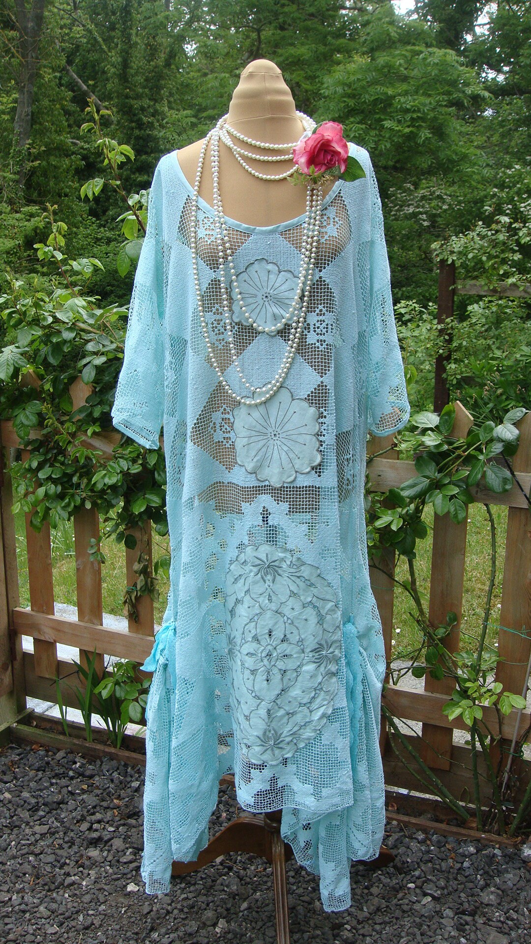 Image of Amazing 's Style Aqua Lace Dress Boho Wedding Cotton Vintage Recycled Mats Hand Dyed Size L Xl