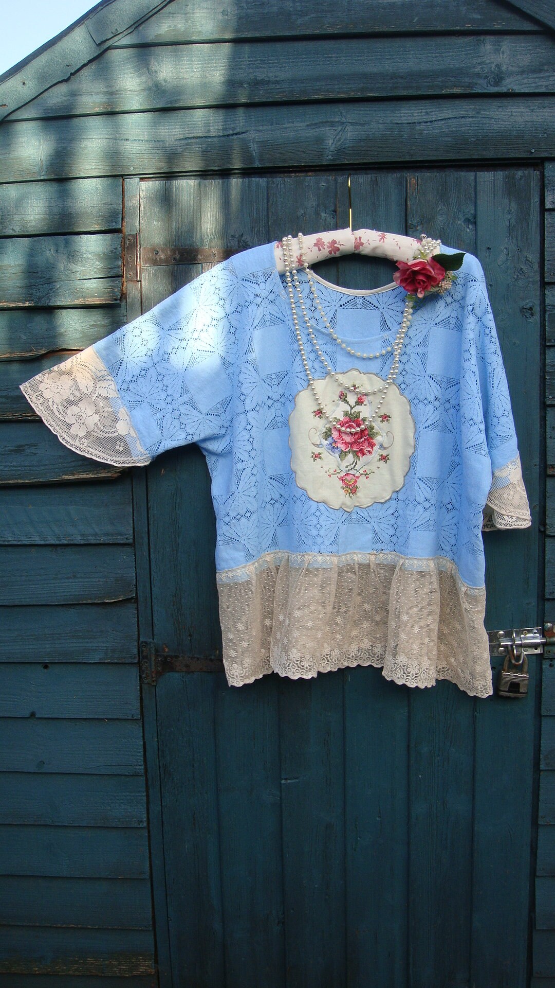 Cornflower Blue Ruffle Top BEAUTIFUL CORNFLOWER BLUE Cream X Cotton Lace Reworked Vintage ...