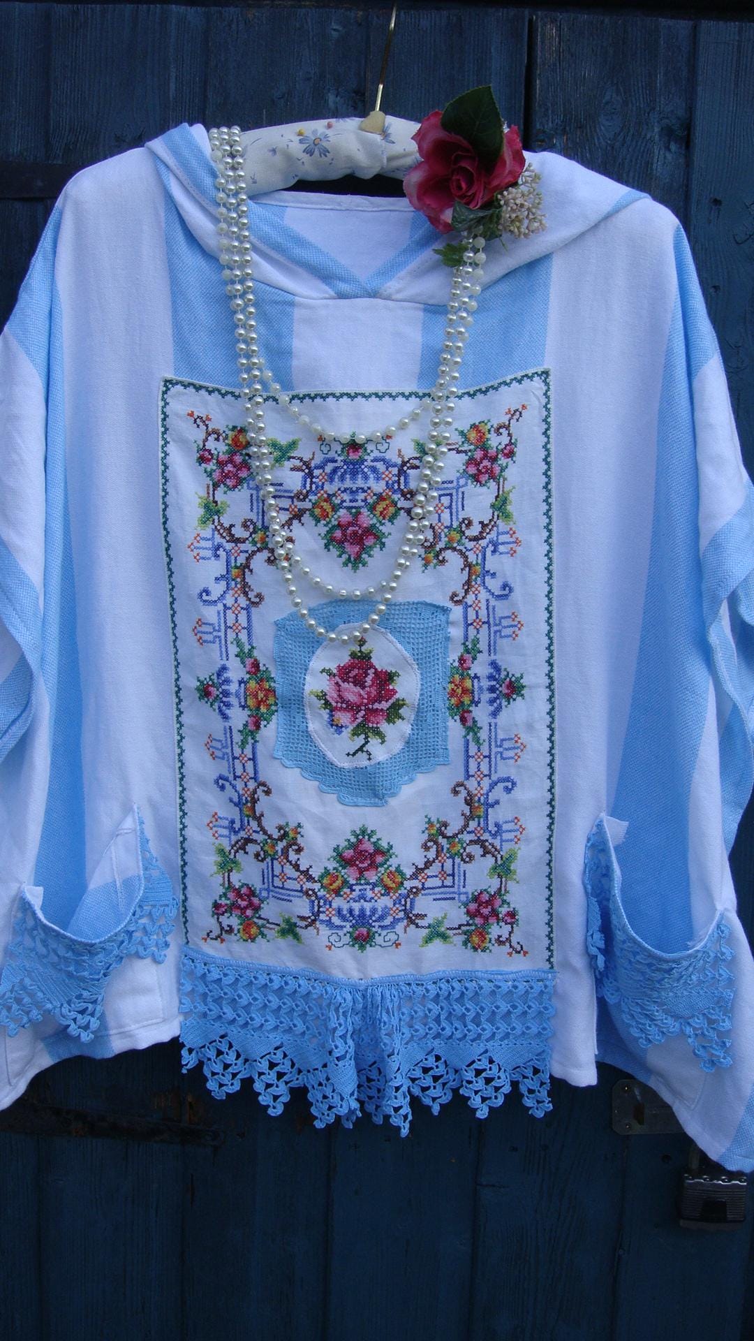 Reworked Vintage Hoodie: Embroidered Floral Lace, Striped