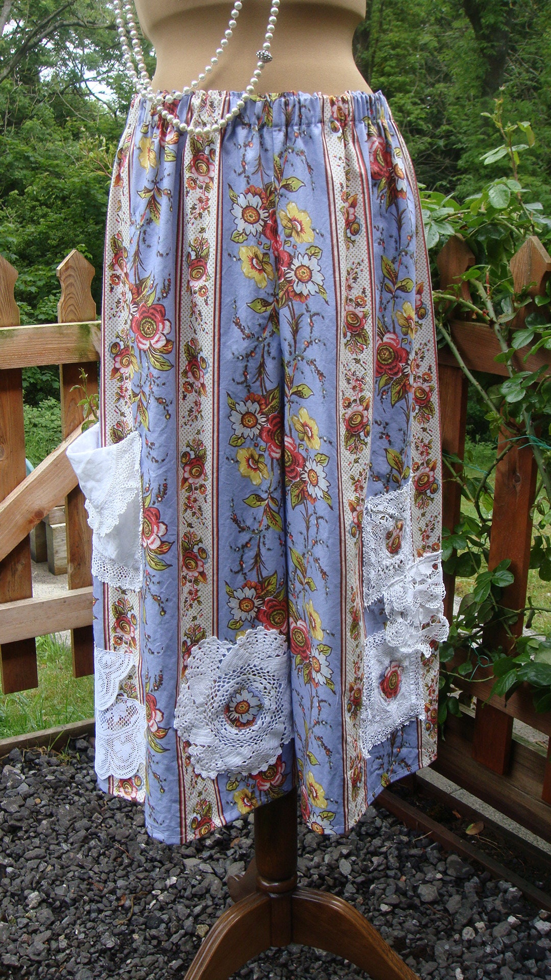 Image of Lavender Blue Vintage Cotton Laura Ashley Striped Floral Chintz Wide Legged Culottes With White Lace Doilies Size M L