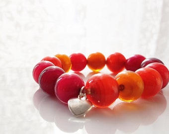 red murano bracelet with handmade murano beads sommerso heart silver flexible colorful
