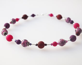 purple pink necklace berry with handmade glass beads lampwork unicate with Preciosa® Crystals