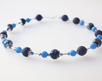 blue necklace with handmade glass beads and Preciosa® Crystals lampwork unicate tropical