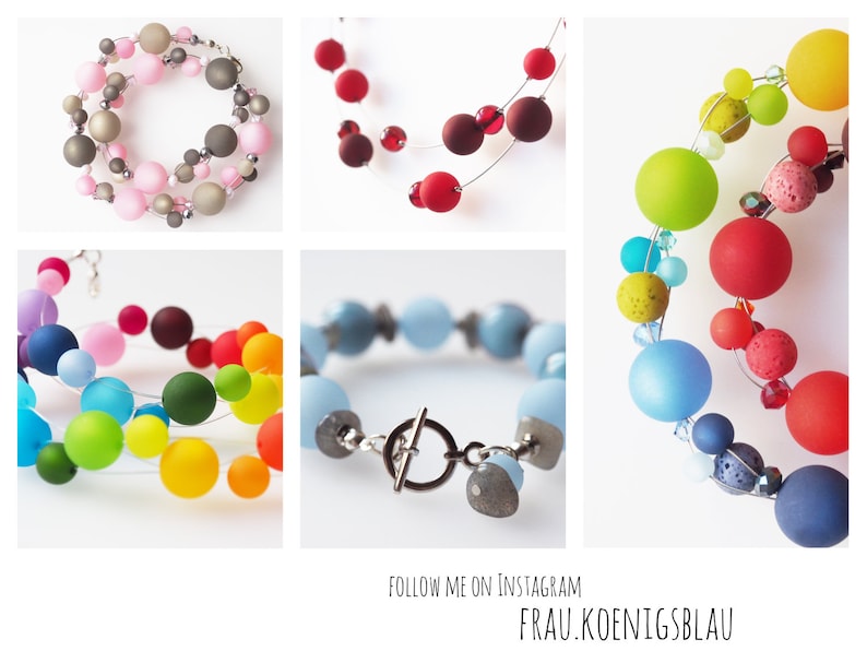May include: A collection of colorful beaded necklaces and bracelets. The necklaces feature large, round beads in various colors, including pink, red, green, blue, and yellow. The bracelets feature smaller, round beads in shades of blue and gray.